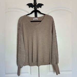 Cottagecore Tan Sweater with Textured Relaxed Sleeves V-Neck Soft Material XL